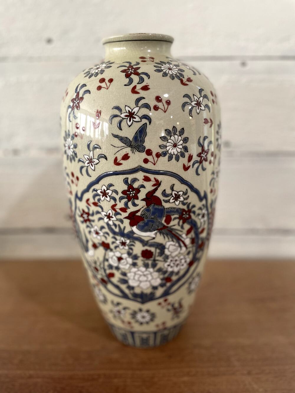 Vintage Chinese Porcelain Vase Birds Butterflies Floral Raised Enamel Glaze